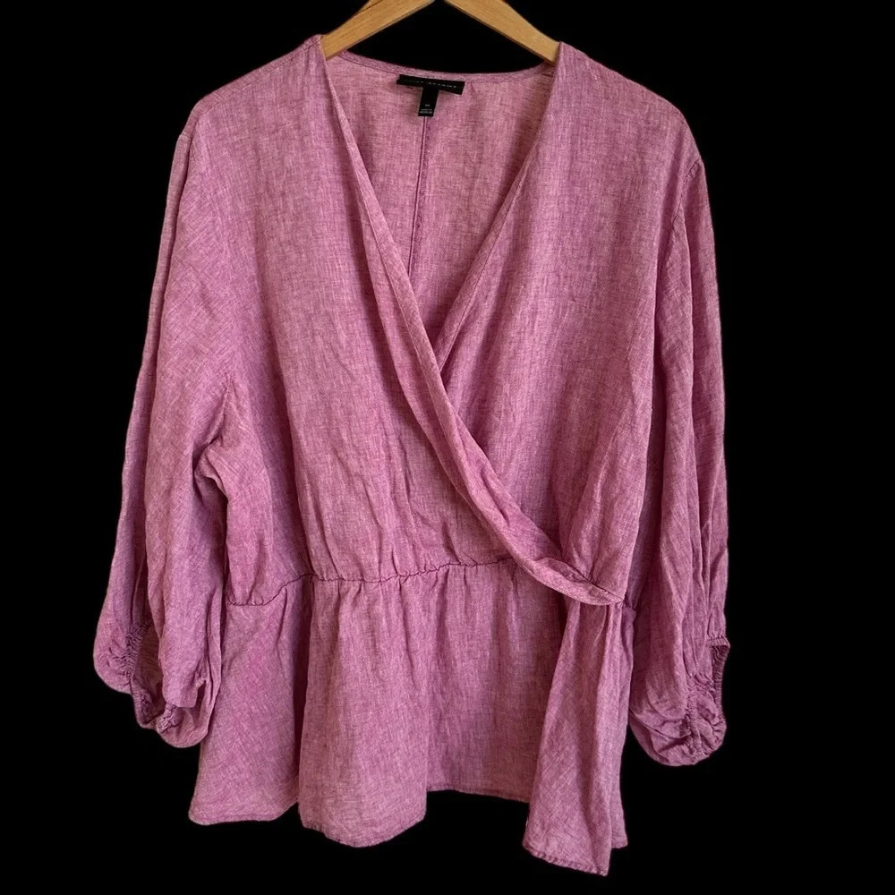 Lane Bryant Size 26 Linen Blend Crossover‎ V Neck Blouse Top Peplum 3/4 Sleeve